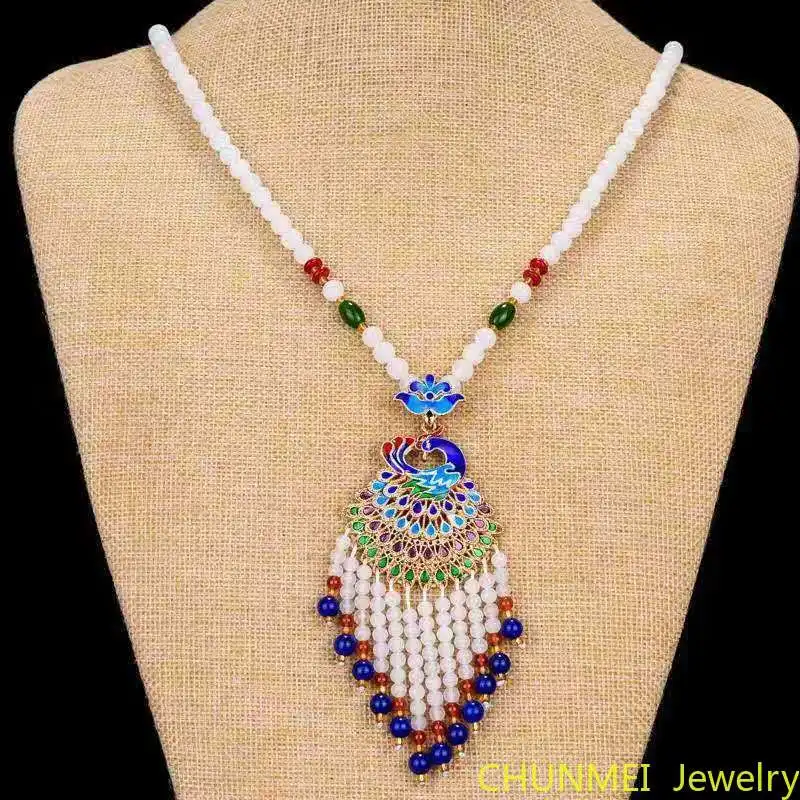 

Natural Stone Fashion Xinjiang Gold Silk White Jade Inlaid Multi Treasure Sweater Chain Jade Phoenix Necklace Colored Jewelry