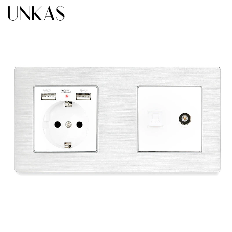 UNKAS Алюминий Панель Европейская розетка с Dual USB + RJ11 телефонное гнездо RJ45 данных