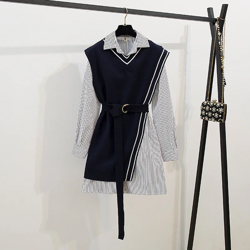 Streetwear Two Piece Dress Women Autumn Winter long Sleeve Shirt Mini Dresses with belt plus size elegant party Dress vestidos