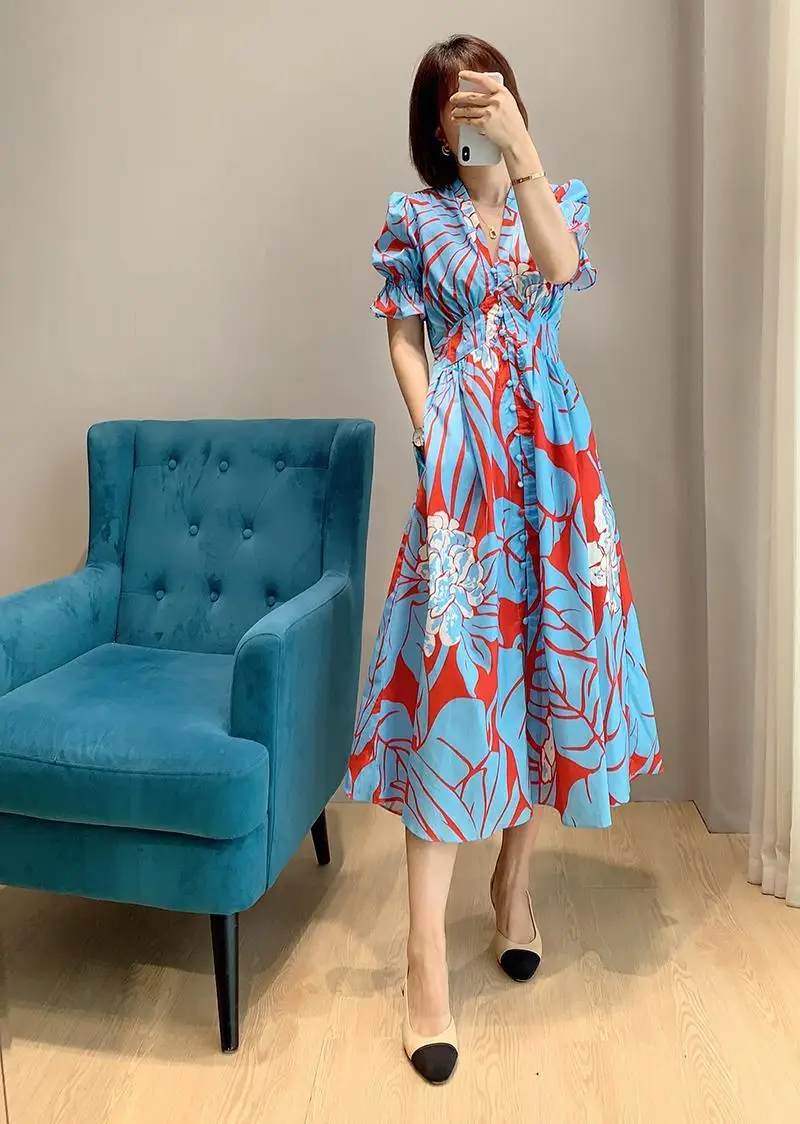 

2021 new dress lantern sleeve print long dress women's clothing maxi dresses for women midi dress Polyester Casual