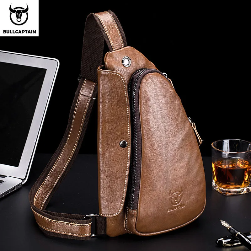 BULLCAPTAIN men's leather retro fashion chest bag first layer cowhide messenger bag outdoor sports leisure multifunctional bag