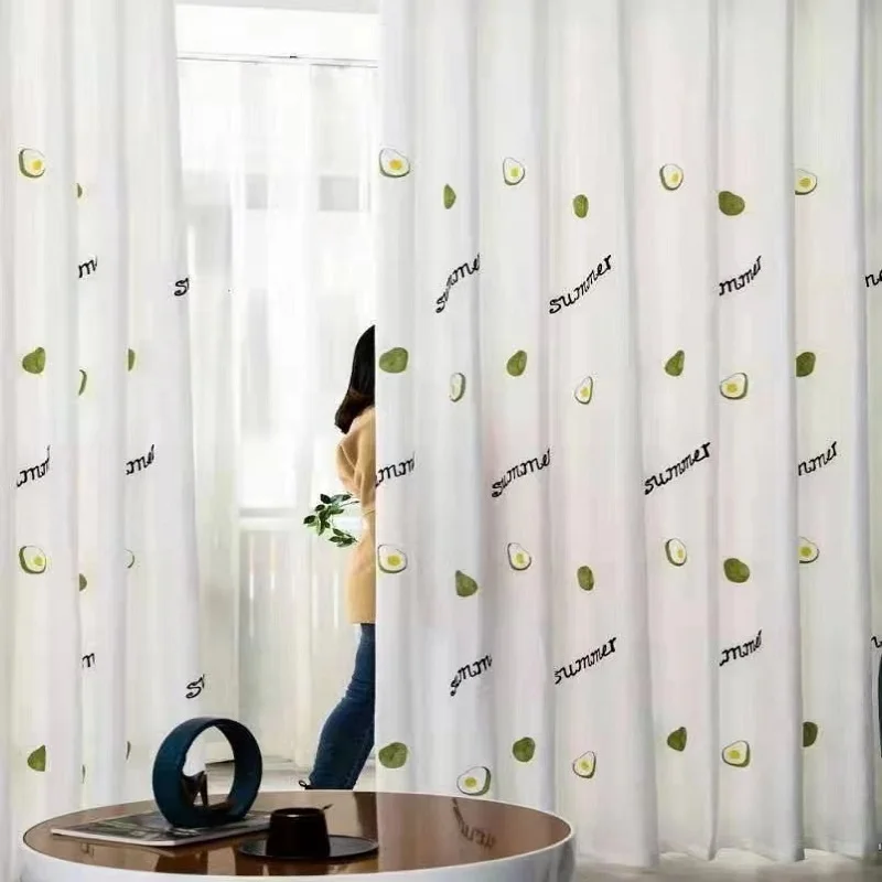 

Korean Embroidered Cartoon Green Avocado Sheer Curtains Tulle Decoration For Home Window Screening Kitchen Dining Children Room