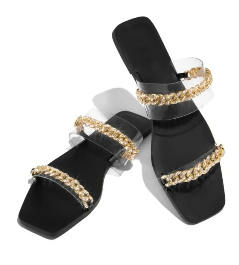 

Women's Shoes Summer Outdoor Slippers for Female Bling Rhinestone Chain Flat Party Slides Ladies Sexy Transparent Flip Flops