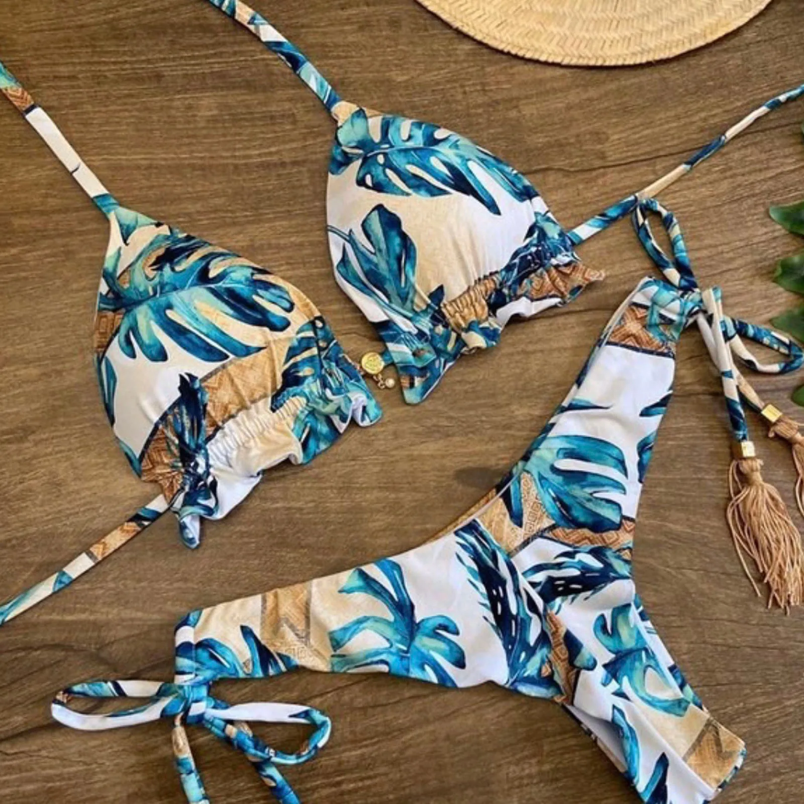 

2pcs Women Swimsuits Bikini Set Push-Up Padded Top Low Waist Print Tassel Bandage Thong Swimwear Sexy Beachwear 2021