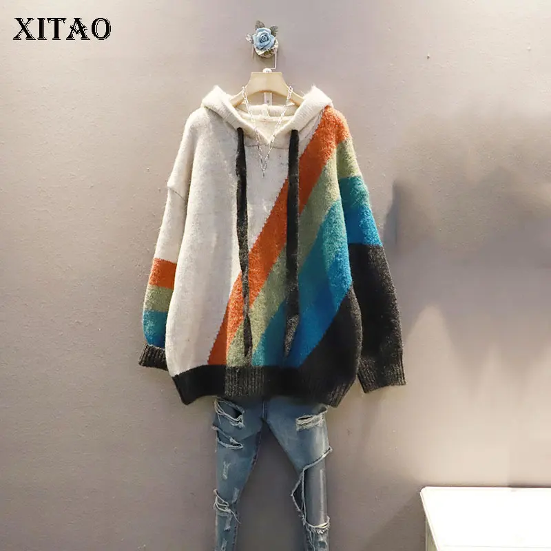 

XITAO, контрастные цвета, вязаные пуловеры, модные, повседневные, с капюшоном, с воротником, свободные, большие размеры, универсальные, без заст...