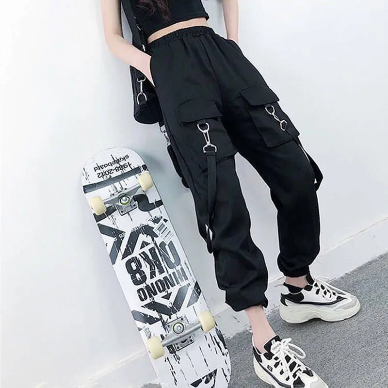 

EACHIN Fashion Women Cargo Pants Female Elastic Waist Wide Leg Joggers Loose Ankle Length Streetwear Haren Pants Korean Trousers