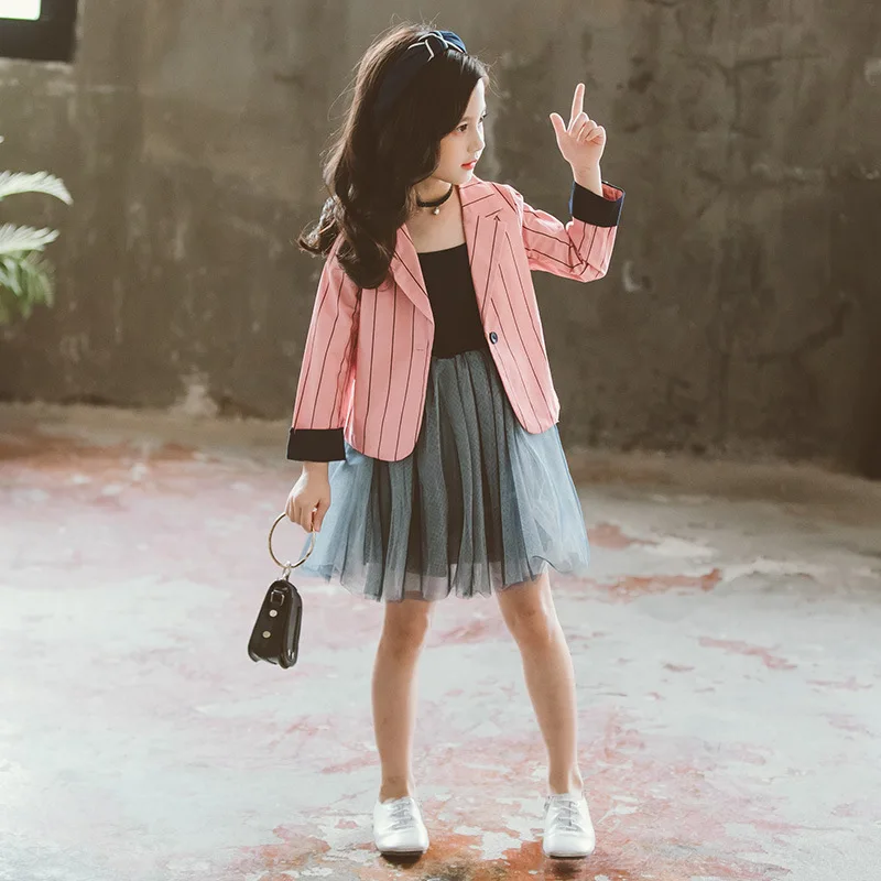 2019 New Arrival Girls Fashion Suit Jacket Dress 2 Pieces Elegant Lady Style Striped Coat Princess For 3-12 Year Old |