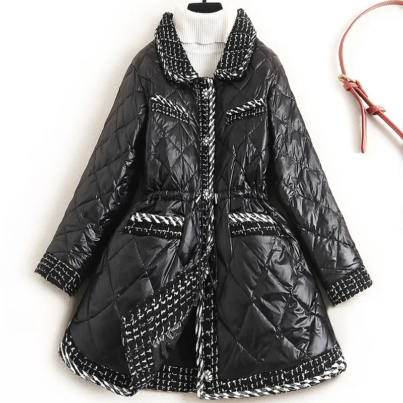 

2020 Winter High End Fashion Design Feeling Lapel Woollen Tweed Stitching Black Short 90% White Duck Down Coat Women Jacket