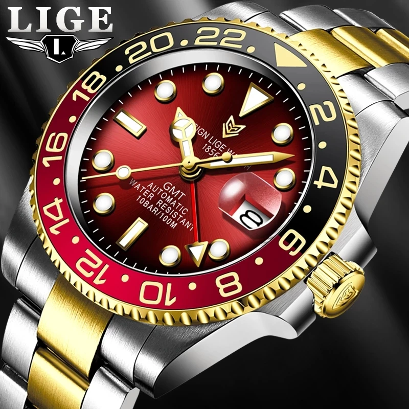 

LIGE DESIGN Men GMT Automatic Mechanical Watch Ceramic Bezel 316L Stainless Steel 100ATM Waterproof Clock Sapphire Glass Watches