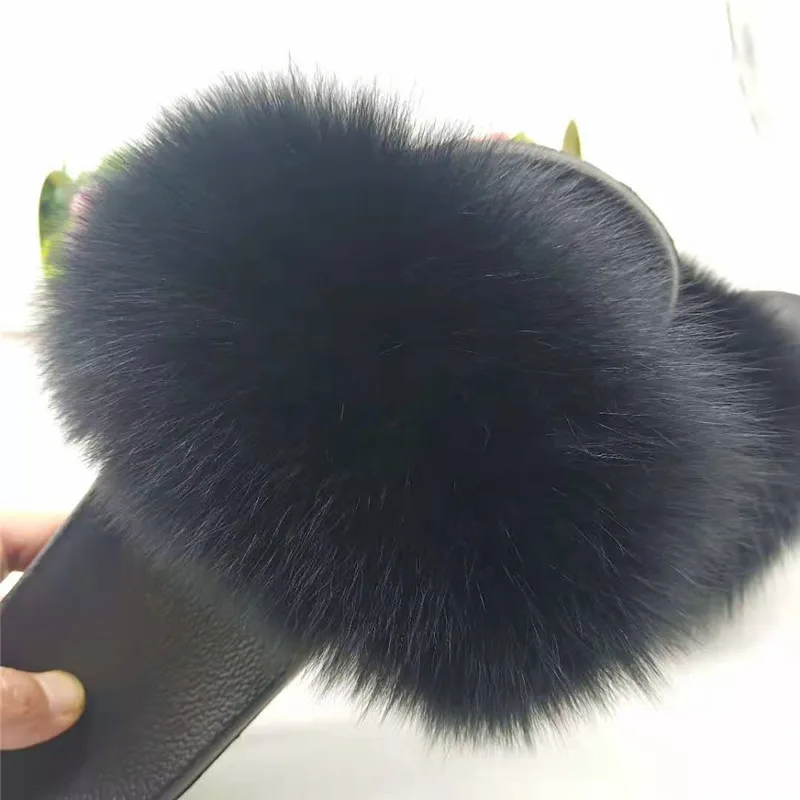 Fur Slippers Women Fox Home Fluffy Sliders Comfort With Feathers Furry Summer Flats Sweet Ladies Shoes Size 45 Home Real fox fur - Цвет: Black