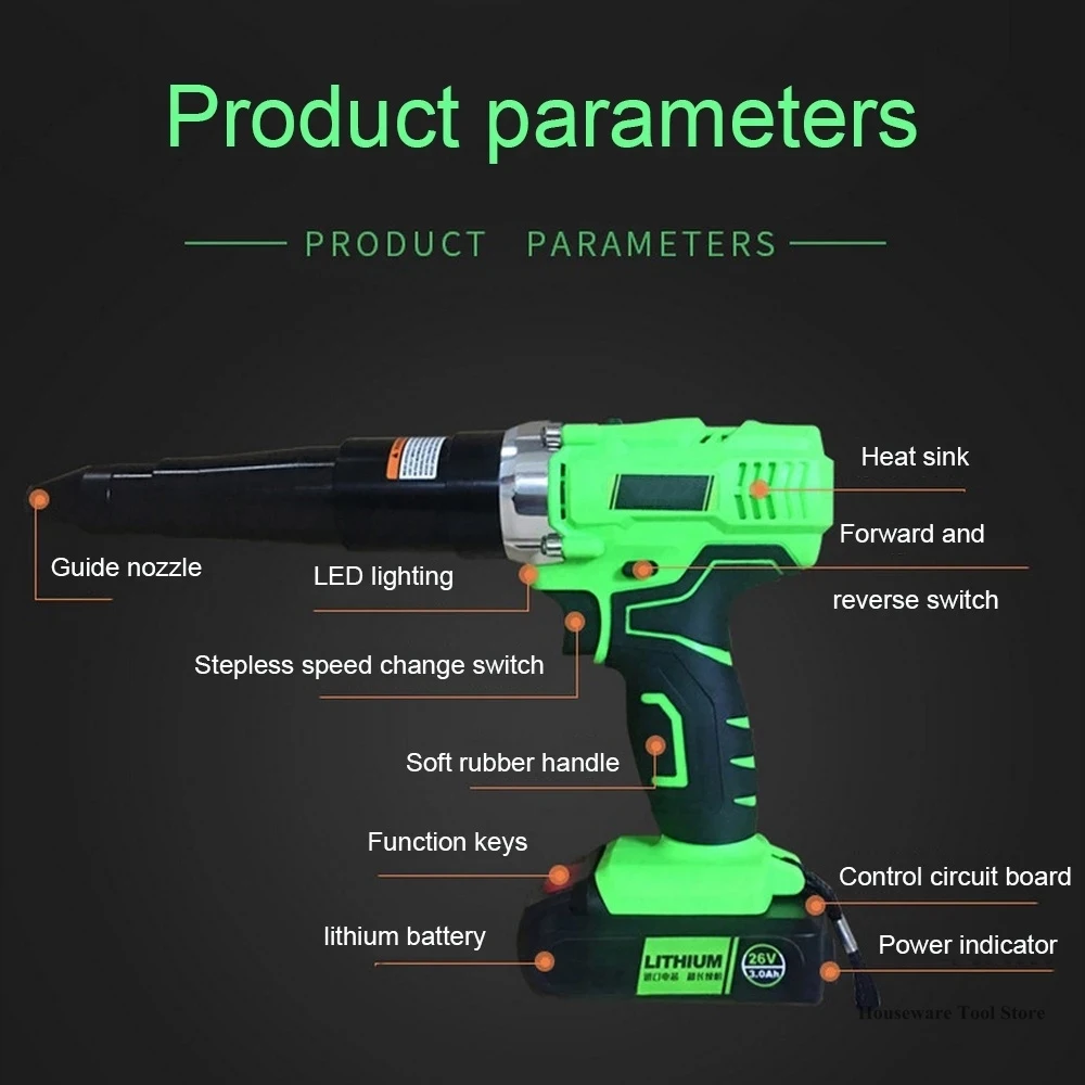 

110V-240V Rivet Gun Power Tool Electric 26V Lithium Battery Rivet Grapple Hook Rechargeable Core Elongated Mouth Rivet Tool