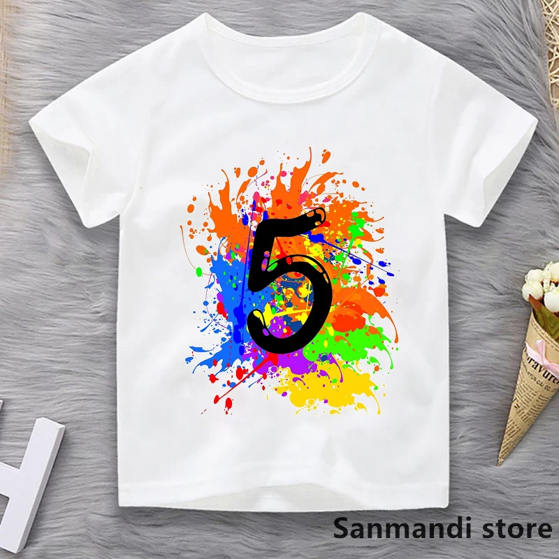 

4-9th Birthday Splash Rainbow Graphic Print T-Shirt Girls/Boys Children'S Clothing Tshirt Kawaii Kids Clothes Summer Tops Tee