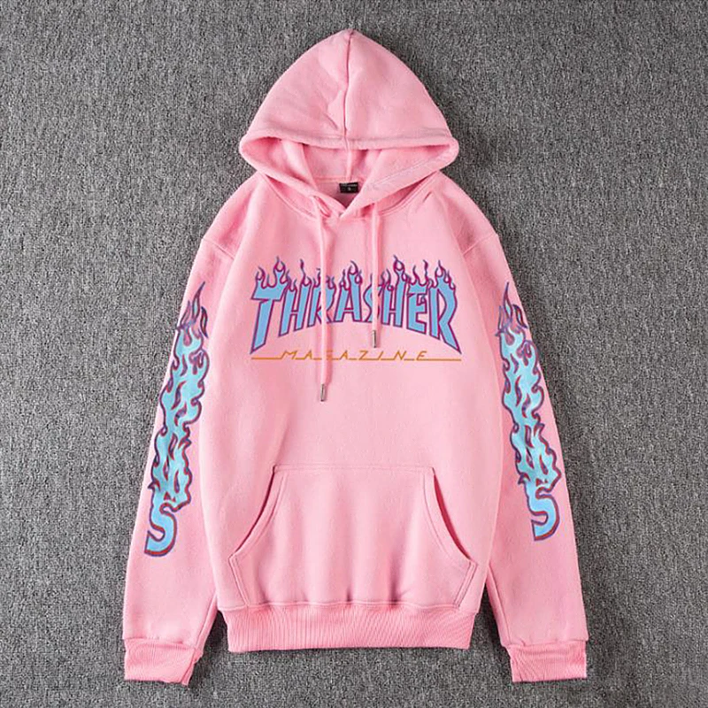 

20 Autumn and Winter Europe and America Popular Brand Blue Fire Flame Printing plus Velvet Hoodie Men and Women Street Couples U