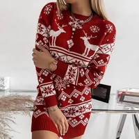 winter autumn elegant fashion women christmas knit dress sweater vintage adults elk snowflake pattern long sleeve o neck jumpers