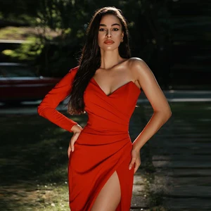 2021 New Fashion Women Red One Sleeve Midi Bodycon V Neck Elegant Party Dress