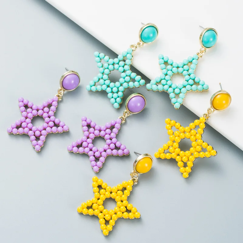 

High Street Plastic Ball Beaded Five-pointed Star Pendant Earrings for Women Ladies Metal Hollow Stars Earrings Accessories