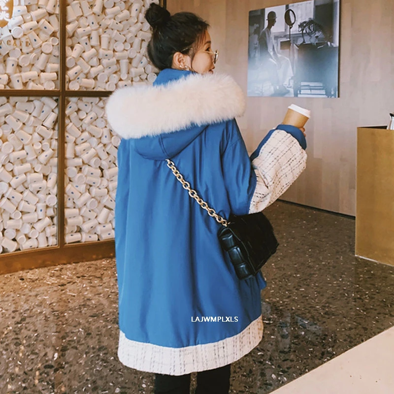 

Korean Blue/black 2021 Plaid patchwork big fur collar winter jacket women with hooded New down cotton coat MY93