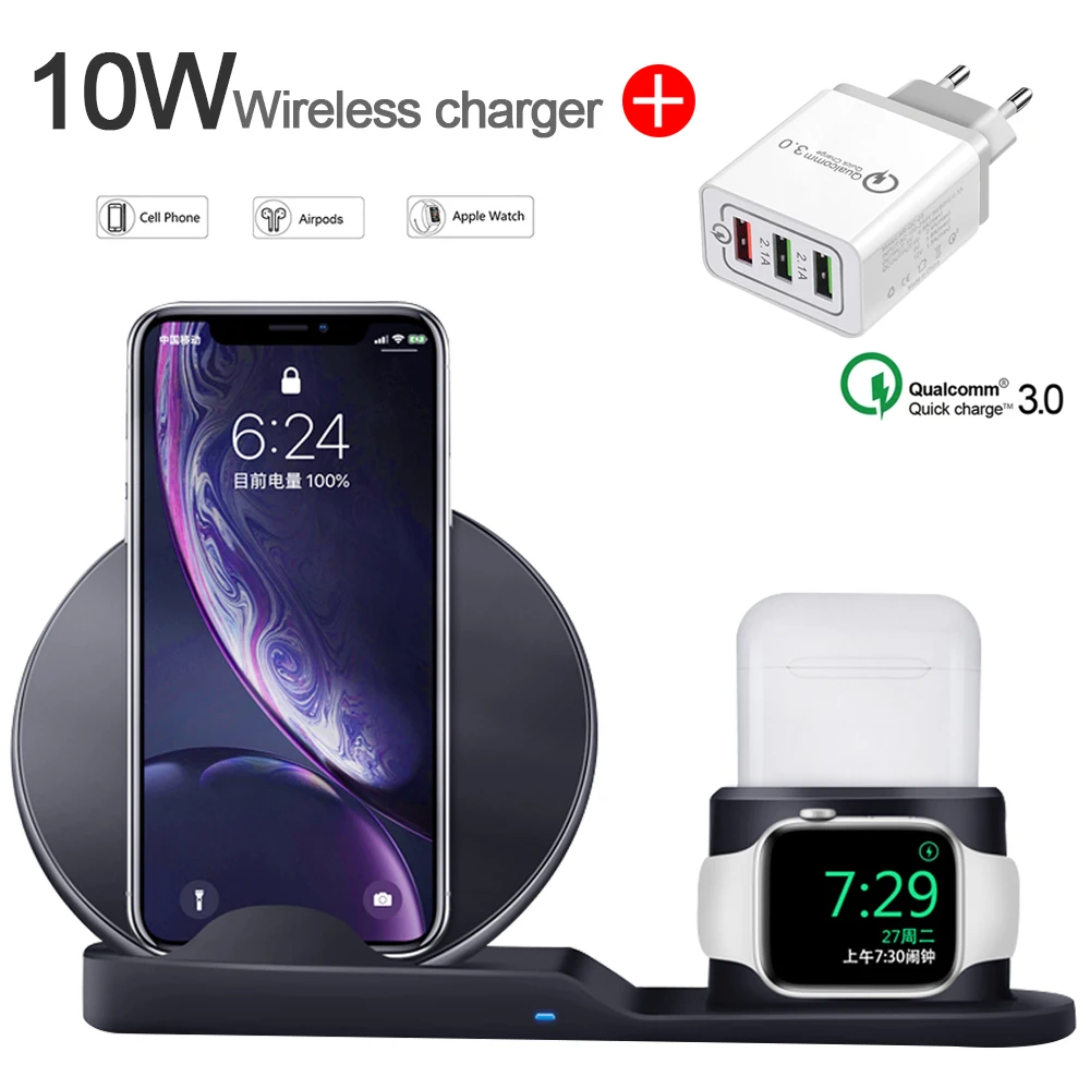 Gray Быстрое зарядное устройство QC 3,0 для iPhone 11 pro iPad EU/US Plug 3 в 1 10 Вт QI быстрое лучшее Беспроводное зарядное устройство Подставка для huawei Xiaomi samsung - Тип штекера: Gray