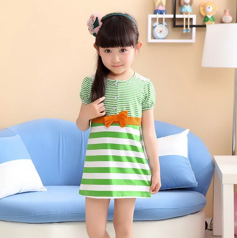Kids Short Sleeve Straight Dress Cotton Toddler Girls Beach Casual Cute Baby Striped Daily Clothes Summer 1-8Y | Детская одежда и