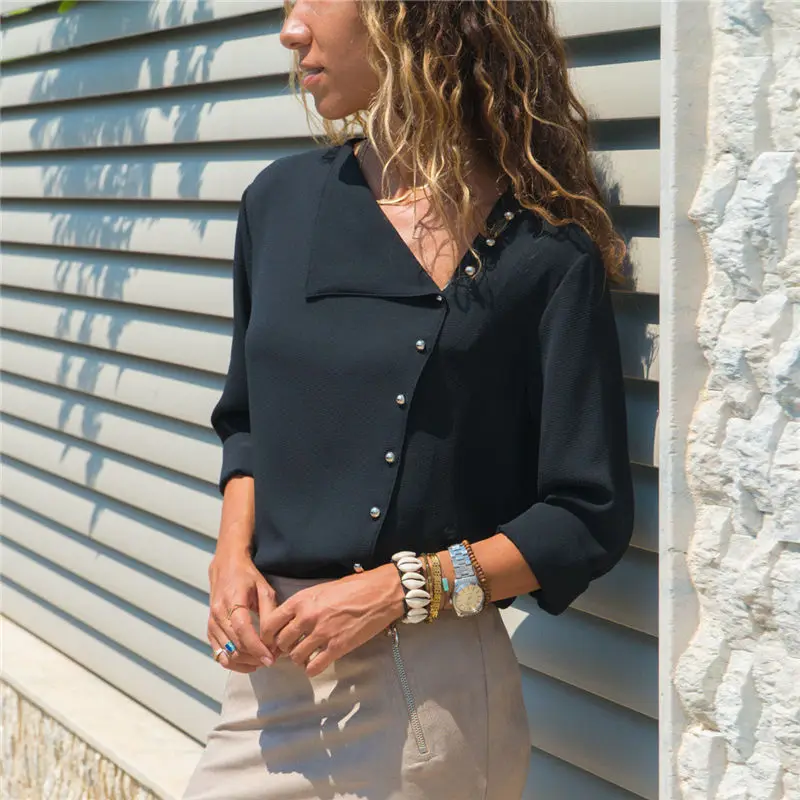 2019 свободна блузка модные женские блузки с длинными рукавами и топы однотонная