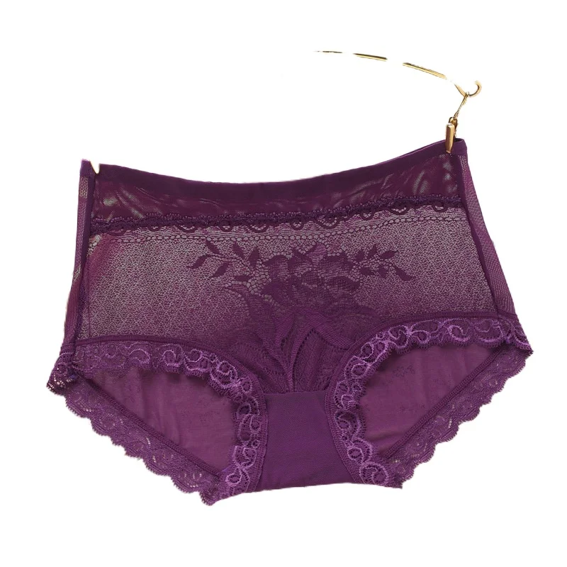 

2021 Embroidered Panties Women's Lace Mid-Waist Large Size Ultra-Thin Hot Transparent Sexy Ice Silk Cotton Crotch Briefs