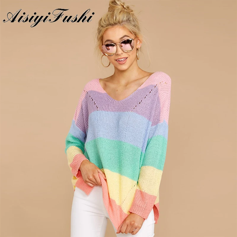 Женский трикотажный свитер в радужную полоску Свободный джемпер с длинным