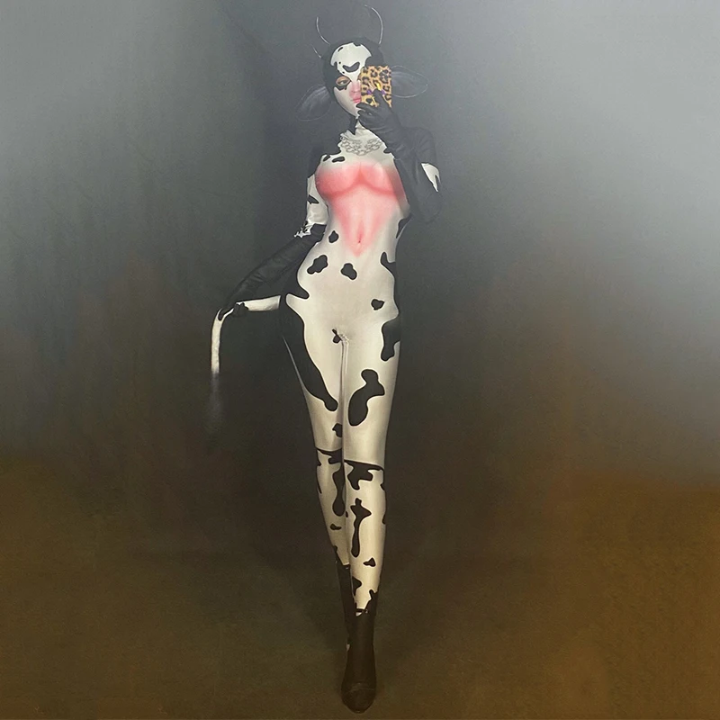 Женский комбинезон с рисунком коровы белый костюм для танцевальных шоу