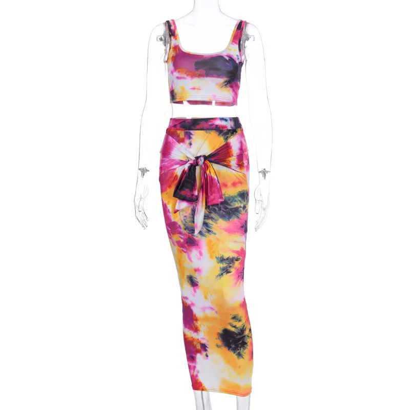 

2021 Summer Women Sexy Bodycon 2 Piece Dress Sets Fashion Tie Dye Sleeveless Tank Tops Party Dress Club Skirt Suit Two Outfits