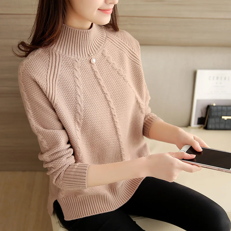 

2021 Women Half Turtleneck Sweaters Autumn Winter Long Sleeve Pull Femme Pullover Female Casual Short Knit Sweater Sueter Mujer