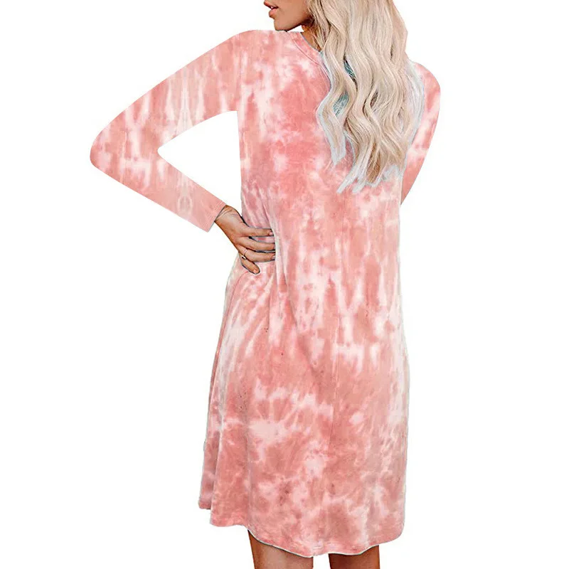 

0 Autumn New Hot Style European And American Cross-border Women's Tie-dye Printing Loose Long-sleeved Dress O-Neck A-Line