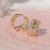 14k real gold plated fashion jewelry round crystal leaves exquisite stud earrings for woman holiday party elegant simple earring
