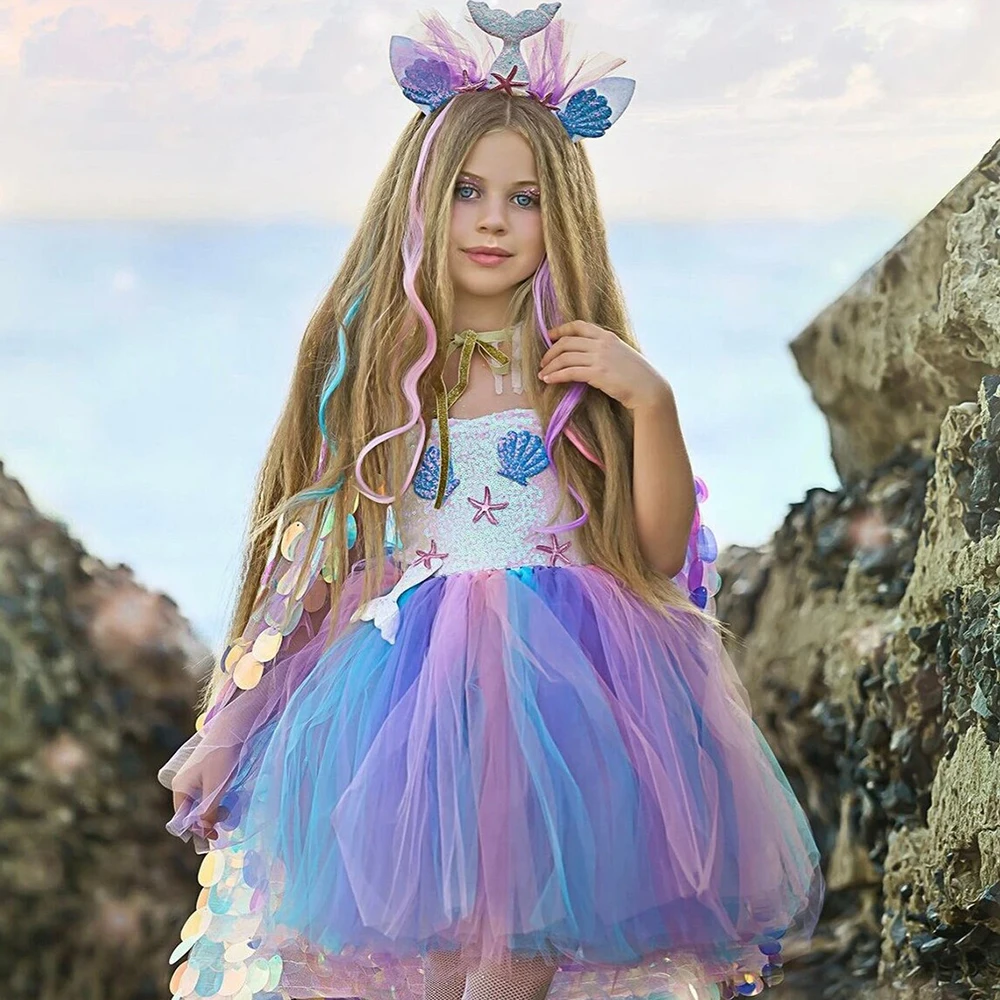 

Pastel Sequins Girls Mermaid Tutu Dress with Cape Under The Sea Princess Birthday Party Costume Clothes Kids Halloween Dress