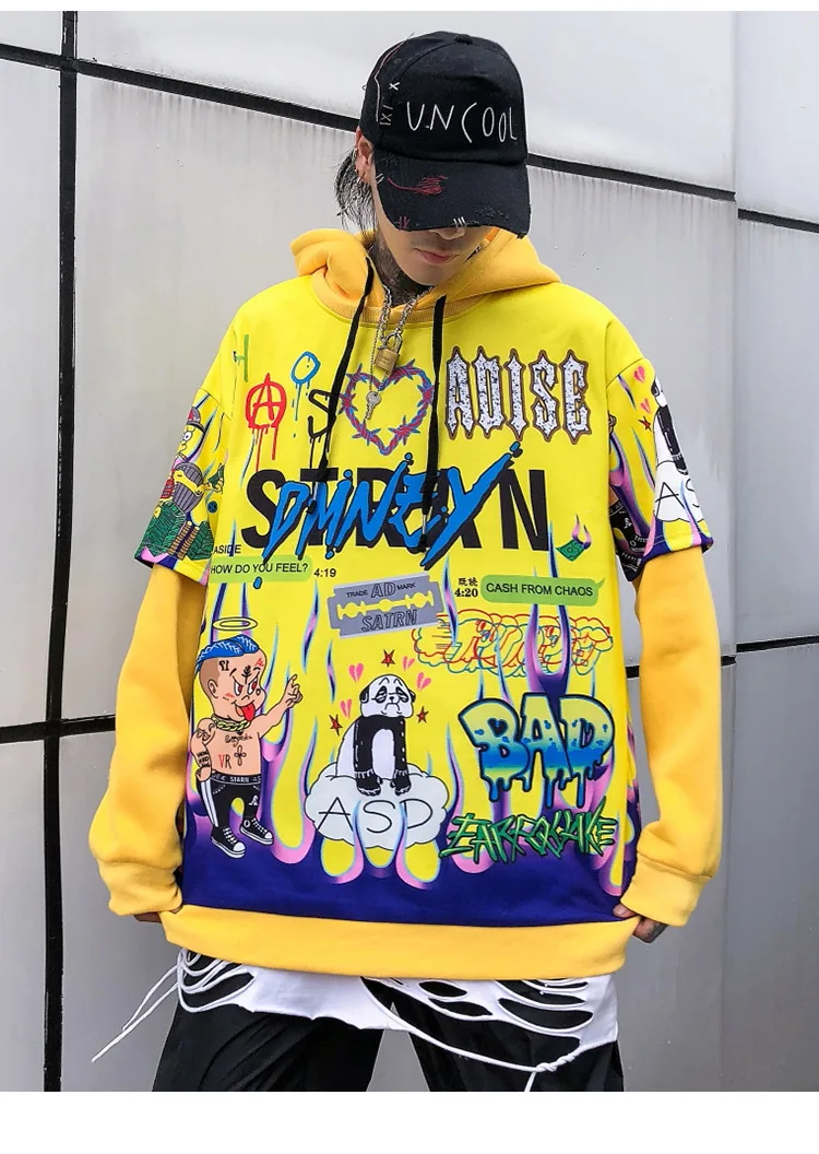 Aolamegs Hoodies Men Hip Hop Letter Print Men Pullover Cartoon Oversize Style Hooded Sweatshirt Lover High Street Streetwear