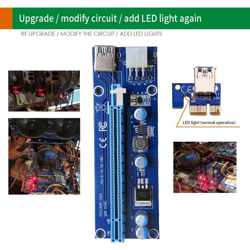 

6pcs 006C PCIe 1x to 16x Express Riser Card Graphic pci-e riser Extender 60cm USB 3.0 Cable SATA to 6Pin Power for BTC mining