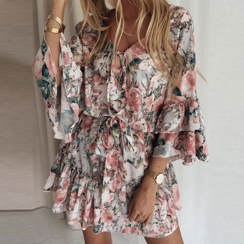

Женское цветочное мини-платье в стиле бохо, летнее праздничное элегантное короткое Повседневное платье, пляжный сарафан с оборками и оборк...