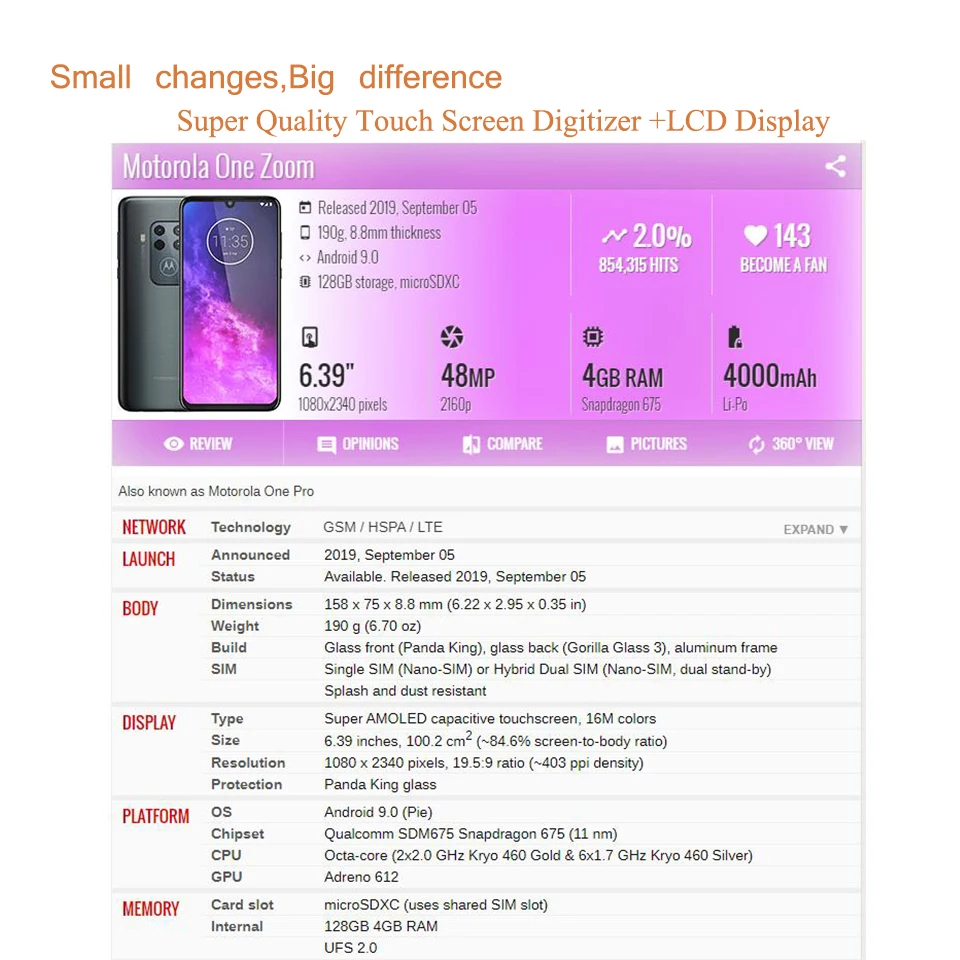 Оригинальный 6 39 &quotдля Motorola Moto One Zoom XT2010 ЖК дисплей сенсорный экран дигитайзер