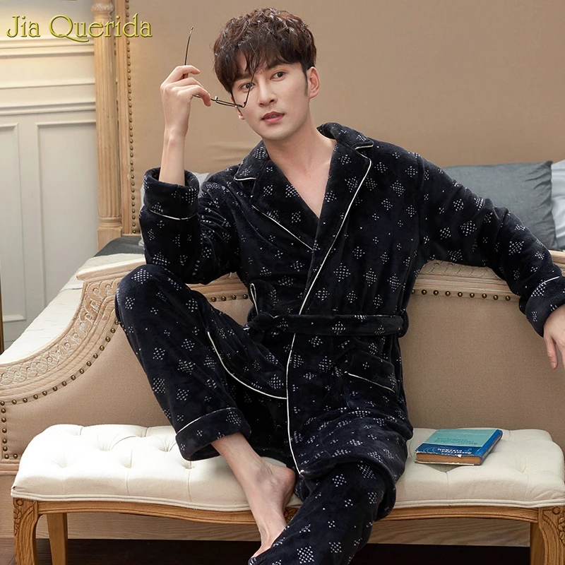 Парные фланелевые пижамы с длинным рукавом японское кимоно топ поясом комплект