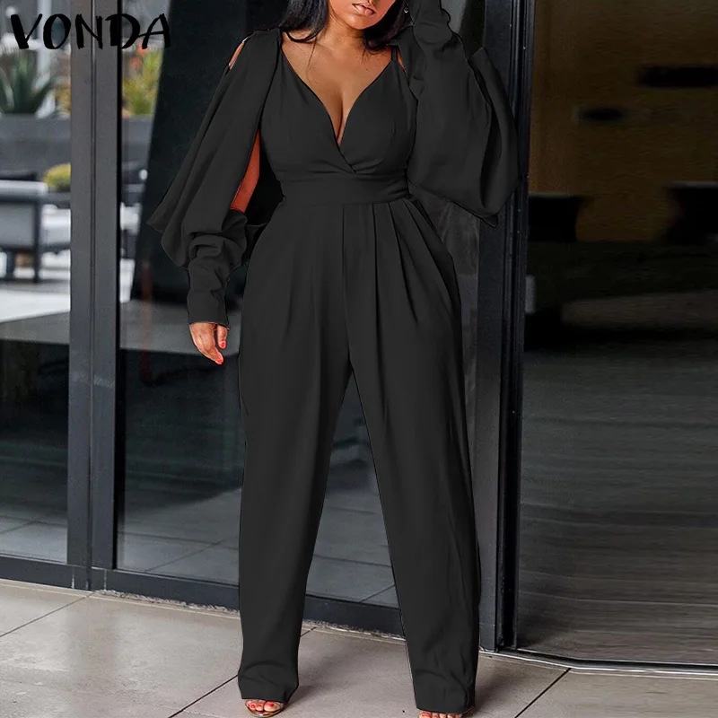 

2022 VONDA Women Solid Long Jumpsuits Summer Pleated V Neck Long Sleeve Harem Pants Pantalon Femme Overalls Loose Rompers