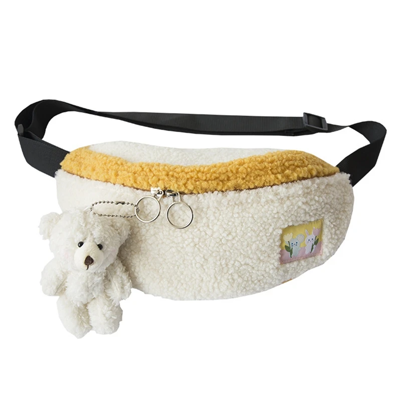 

Fashion Women Chest Shoulder Bag Lamb Like Fabric Soft Plush Purse Simple Panelled Phone Pouch Cute Crossbody Bags