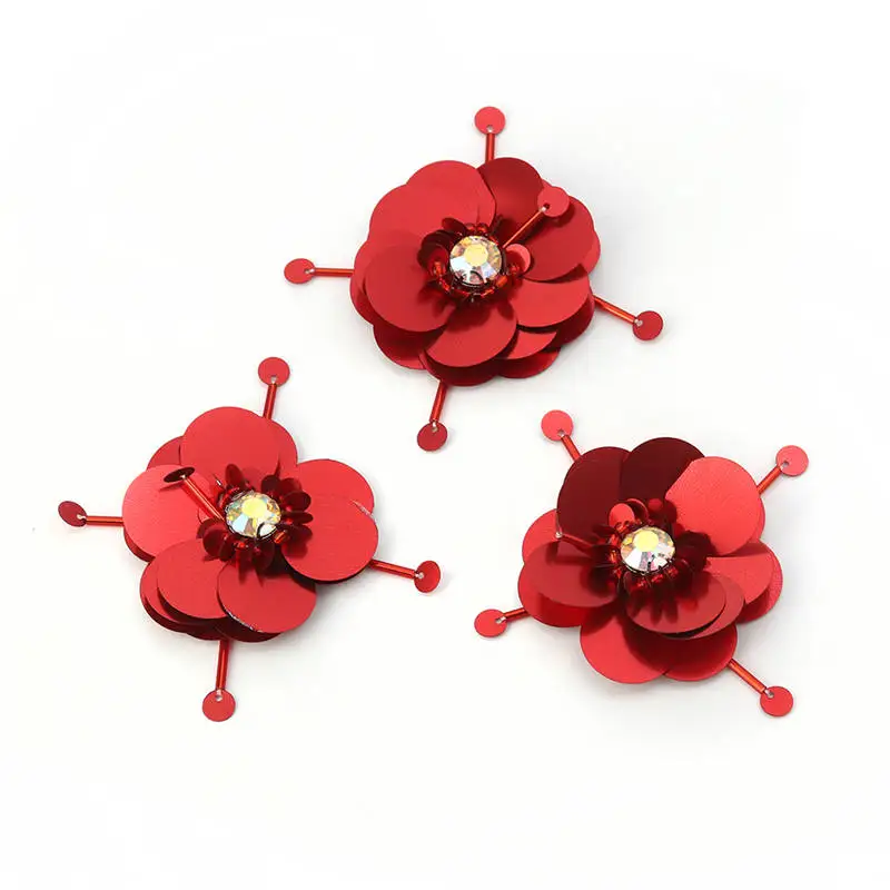

Plastic Cotton Appliqued Patches AB Color Red White Rhinestone Bead Sequined Flower Garment Accessory 6.9*6.9cm, 4.6*4.9cm 2 PCs