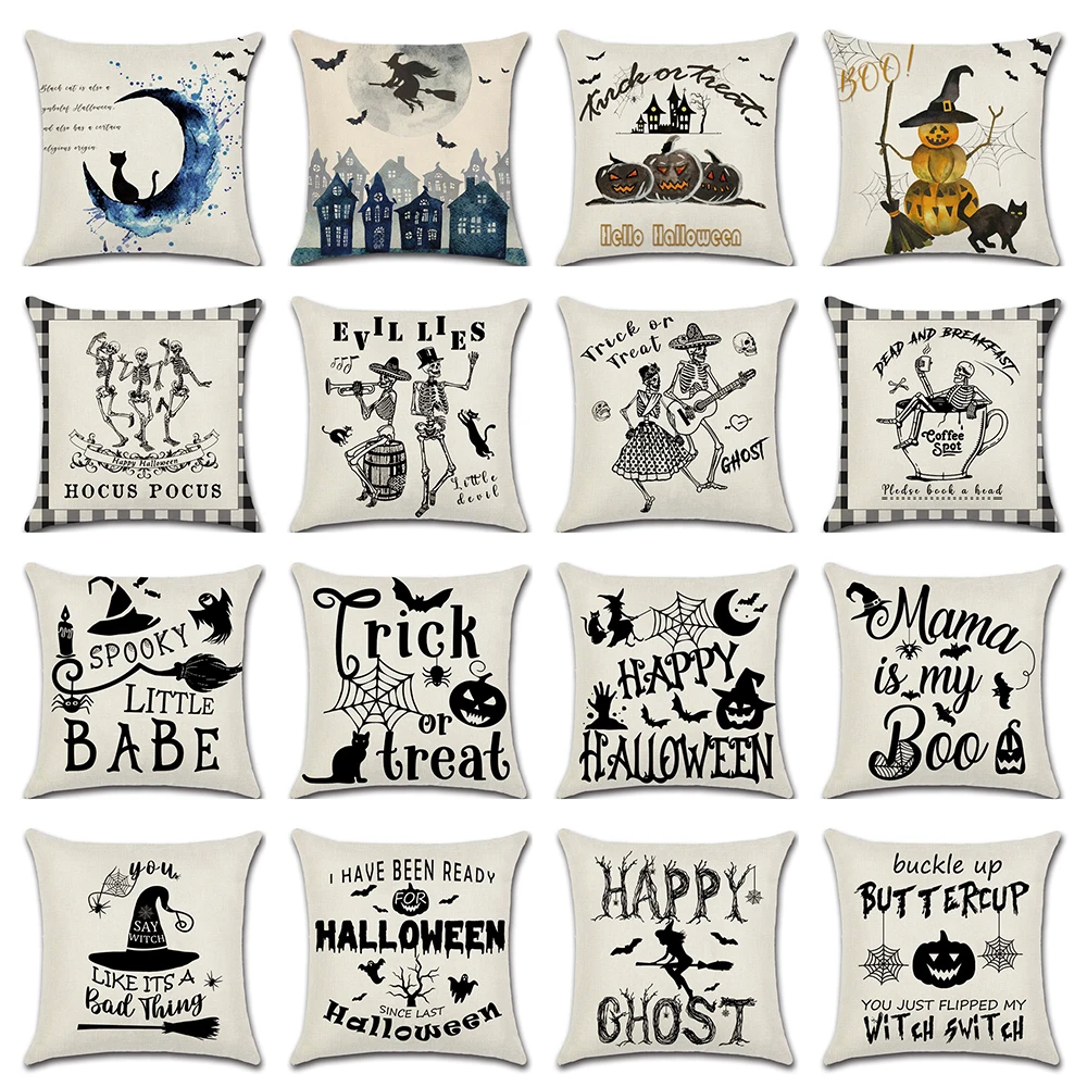

Halloween Skull Pumpkin Pillow Cover Sofa Decor Cushion Cover Cat Witch Throw Pillow Cover For Home Linen Letter Pillowcase 45cm