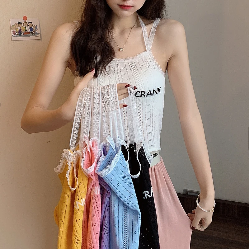 Letter Embroidered Knit Camisole 2021 Summer Casual Sexy Tank Top Strap Women Crop Top