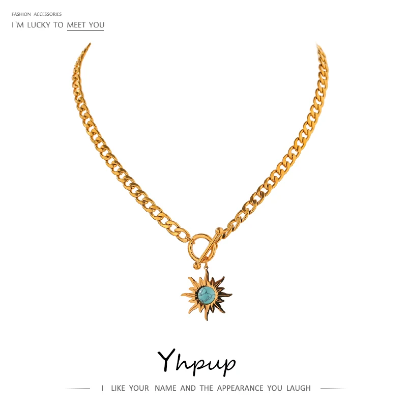 Yhpup Exquisite Sun Flower Pendant Necklace Stainless Steel Golden 18 K Chain Choker Women Necklace Bijoux Femme Accessories