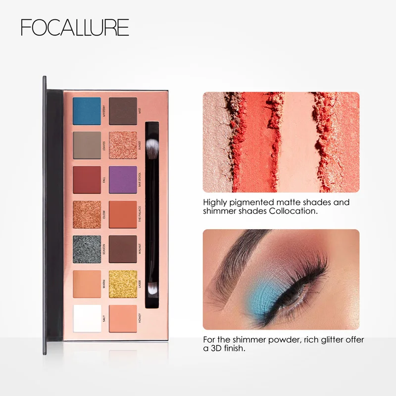 Focallure, 14 цветов, палитра теней для век с кистью для макияжа, профессиональная палитра для макияжа, косметическая Кисть для макияжа