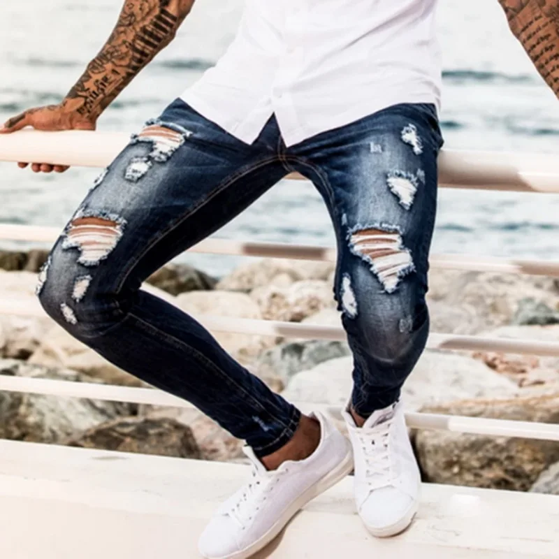 2019 Модные мужские Поцарапанные Джинсы повседневные рваные брюки с дырками на