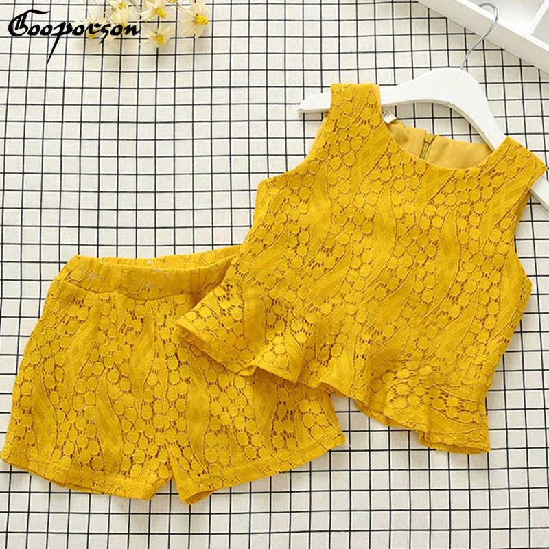 Модный комплект одежды для девочек 2019 желтая рубашка без рукавов и шорты с лямкой