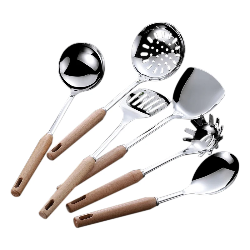 

6 Pcs Stainless Steel Kitchen Utensil Wood Handle Cooking Tools Set Turner Ladle Spoon For Restaurant Kitchenware Set