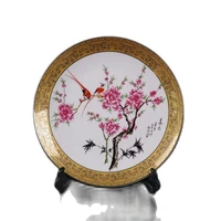 chinese old porcelain pink flower and bird pattern gold edge plate