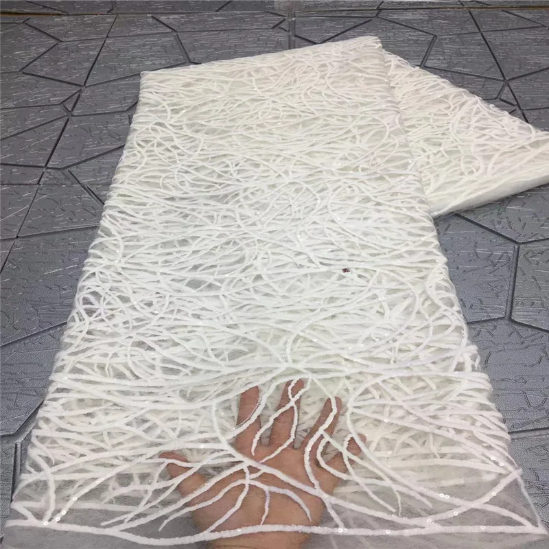 

High Quality Sequin Tulle French Lace Fabric Pure White Embroidered Geometric Patterns African Nigerian Latest Design Latest