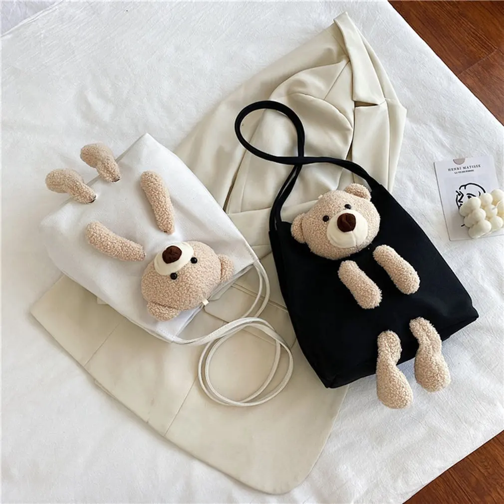 

One-shoulder Bear Canvas Bag Cartoon Cute Backpack All-match Lady Shoulder Fashionable Bag Large Capacity Girls Casual Tote